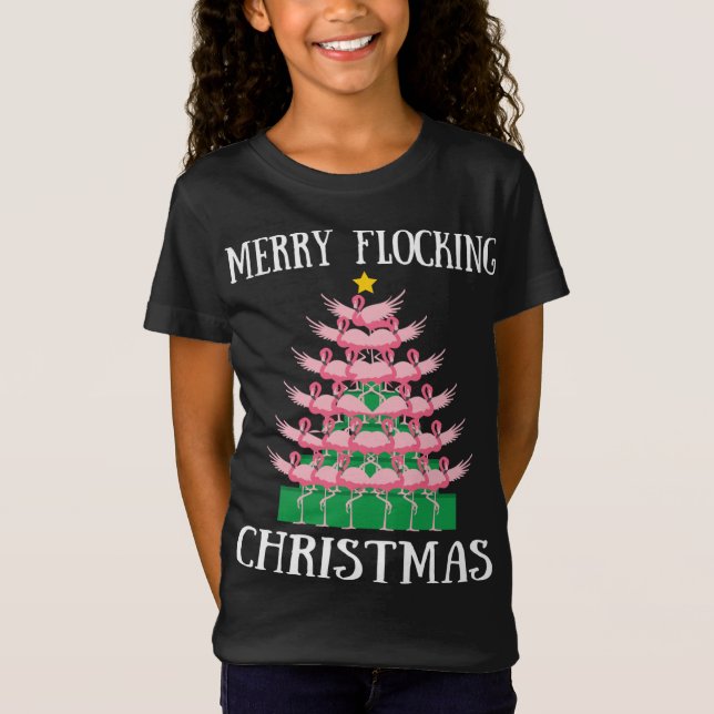 Pink Flamingo Merry Flocking Christmas Tree Lights T-Shirt (Front)
