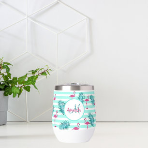 Pink flamingo mint green stripes palm leaves