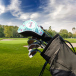 Pink flamingo mint green stripes palm leaves golf head cover<br><div class="desc">White and mint green stripes,  decorated with pink flamingos and palm tree leaves.   Personalise and add your monogram initial and first name. Pink and green text.</div>