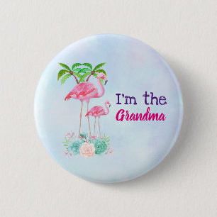 Pink Flamingo Momma & Baby with Palm Trees 6 Cm Round Badge