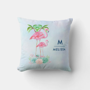 Pink Flamingo Momma & Baby with Palm Trees Cushion