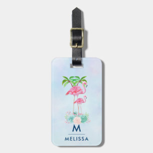 Pink Flamingo Momma & Baby with Palm Trees Custom Luggage Tag