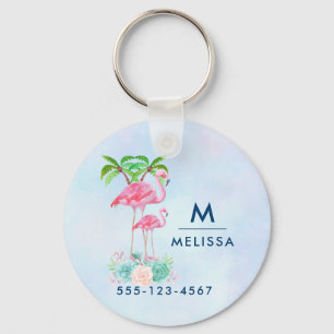 Pink Flamingo Momma & Baby with Palm Trees Key Ring