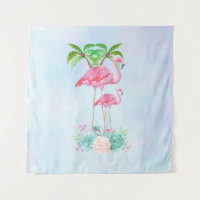 Pink Flamingo Momma & Baby with Palm Trees