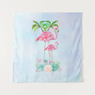 Pink Flamingo Momma & Baby with Palm Trees Tapestry