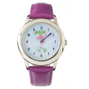 Pink Flamingo Momma & Baby with Palm Trees Watch