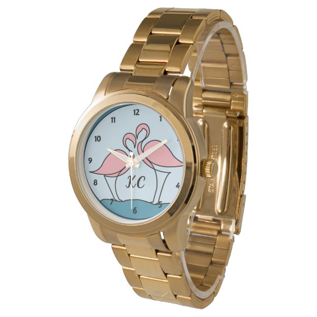 Pink Flamingo Monogram Oversized Gold Bracelet Watch (Angled)