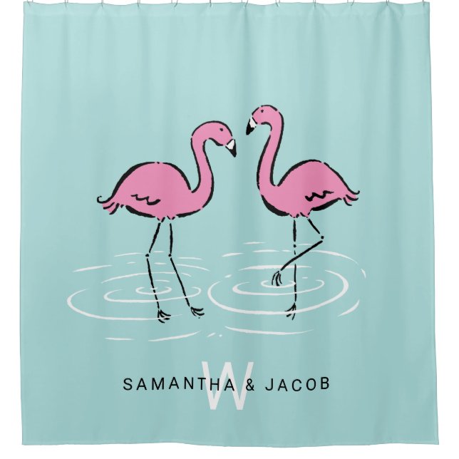 Pink Flamingo Monogram Shower Curtain (Front)