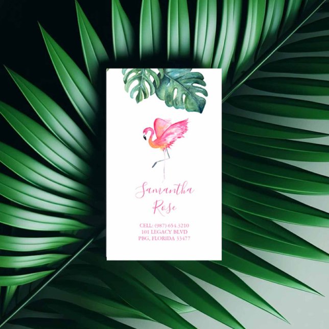 Pink Flamingo Monstera Palm Leaves Business Card (event decorations business cards watercolor pink flamingo tropical palm leaves Victoria Grigaliunas)