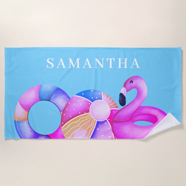 Pink Flamingo Name Beach Towel (Front)
