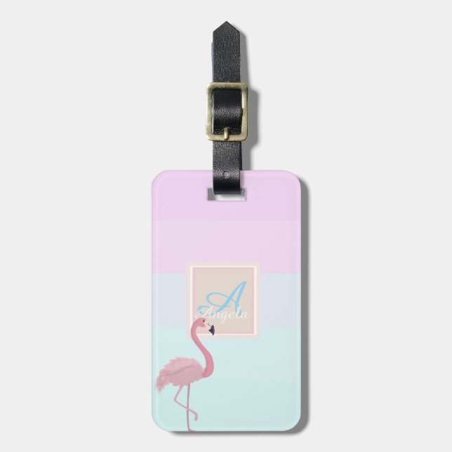 Pink Flamingo Ombre Striped  Monogram-Personalised Luggage Tag (Front Vertical)