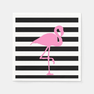 Pink Flamingo on Black and White Striped Napkin