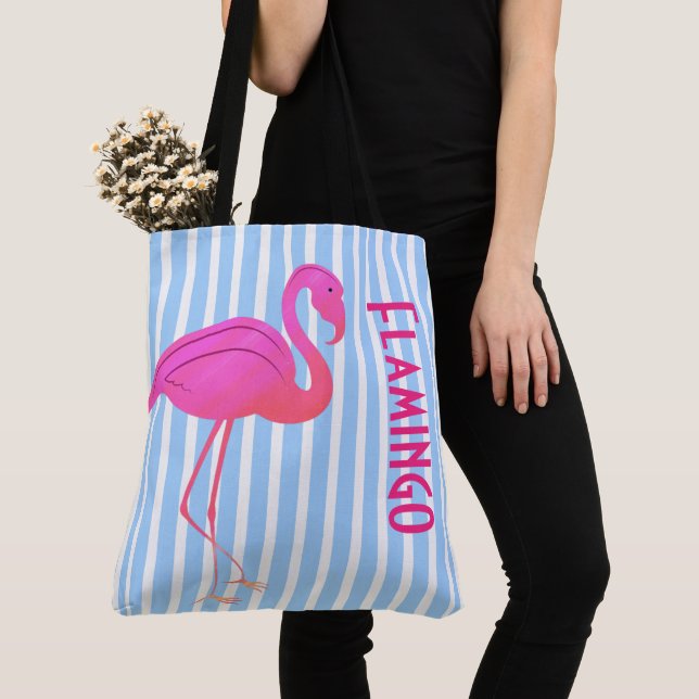Pink Flamingo on Blue Stripes Tote Bag (Close Up)