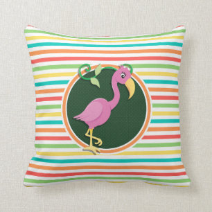 Pink Flamingo on Bright Rainbow Stripes Cushion