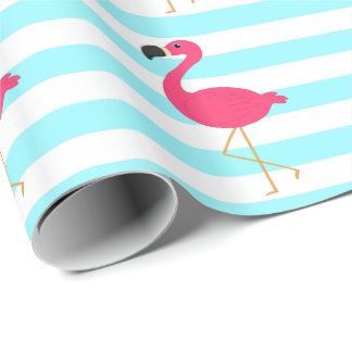 Pink Flamingo on Light Teal Stripes Wrapping Paper