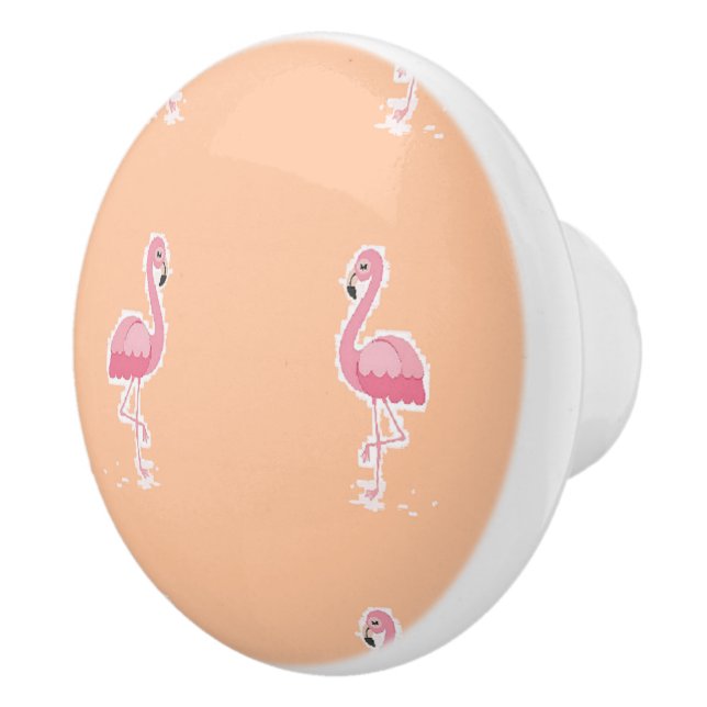 pink flamingo on pale orange ceramic knob (Right)