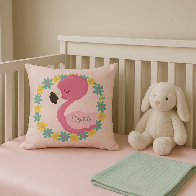 Pink Flamingo on pink polka dot background Cushion (Creator Uploaded)