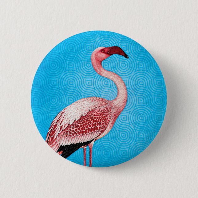 Pink Flamingo on Retro Blue Pattern 6 Cm Round Badge (Front)