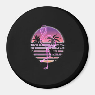 Pink Flamingo On Retro Sunset With Palm Trees Magnet