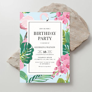 Pink Flamingo Orchid Tropical Birthday Invitation