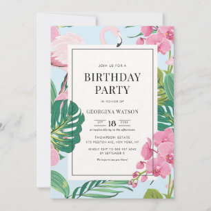 Pink Flamingo Orchid Tropical Birthday Invitation