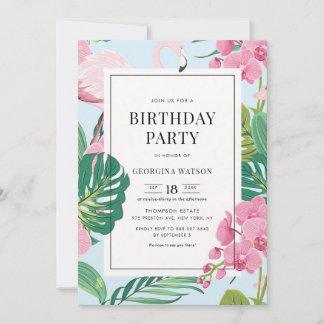 Pink Flamingo Orchid Tropical Birthday Invitation