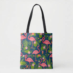 Pink flamingo ornament on a striped turquoise back tote bag