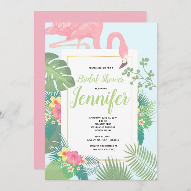 Pink Flamingo Palm Tree Bridal Shower Invitation (Front/Back)