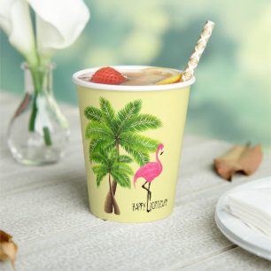 Pink Flamingo & Palm Trees 8oz Paper Cup, Lid Paper Cups