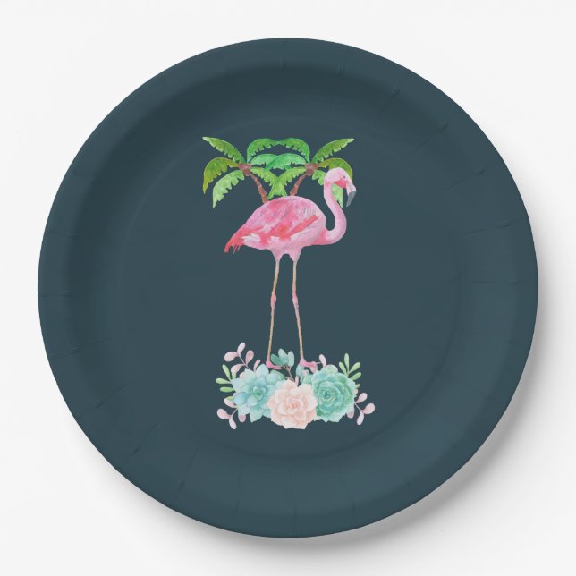 Pink Flamingo Palm trees and Floral Succulents Paper Plate (Front)