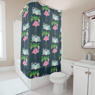 Pink Flamingo Palm trees and Floral Succulents Shower Curtain