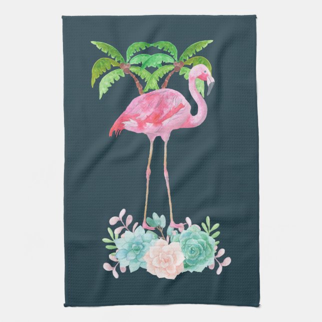 Pink Flamingo Palm trees and Floral Succulents Tea Towel (Vertical)