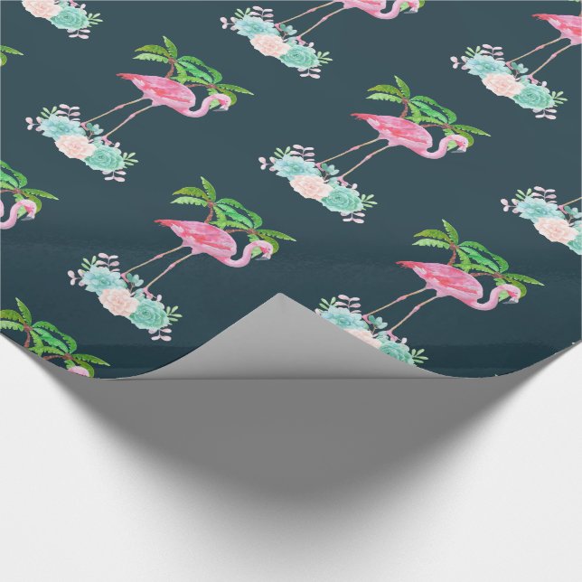 Pink Flamingo Palm trees and Floral Succulents Wrapping Paper (Corner)