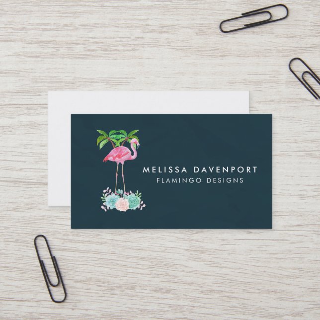 Pink Flamingo Palm trees and Succulents Business Card (Front/Back In Situ)