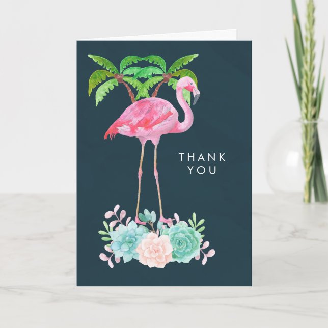 Pink Flamingo Palm trees and Succulents Thank You Card (Front)