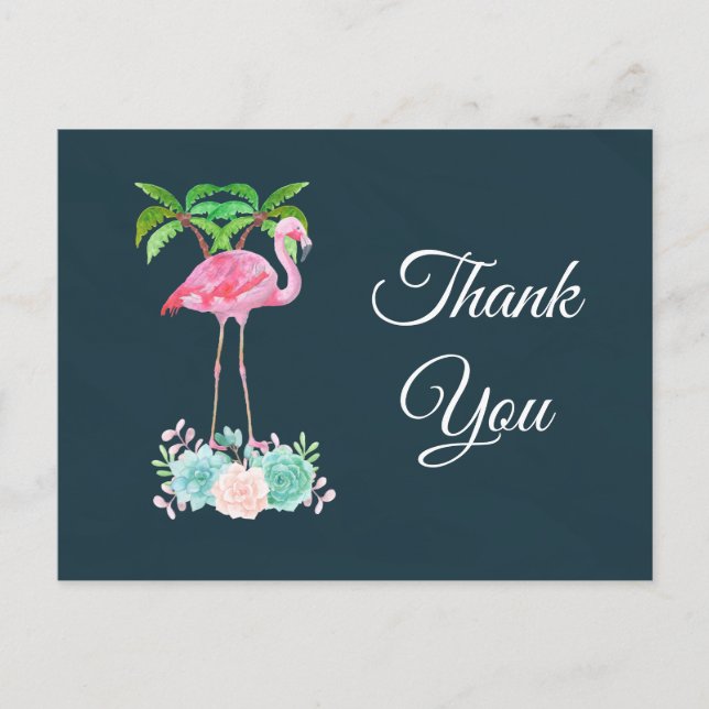 Pink Flamingo Palm trees and Succulents Thank You Postcard (Front)