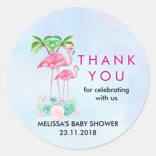 Pink Flamingo Palm trees Baby Shower Thanks Classic Round Sticker (Front)