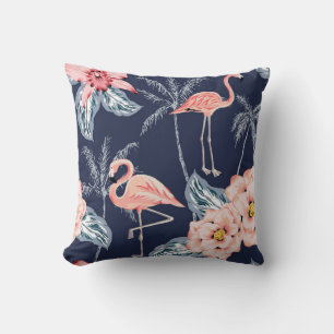 Pink flamingo, palm trees, rose, orchid flower, le cushion