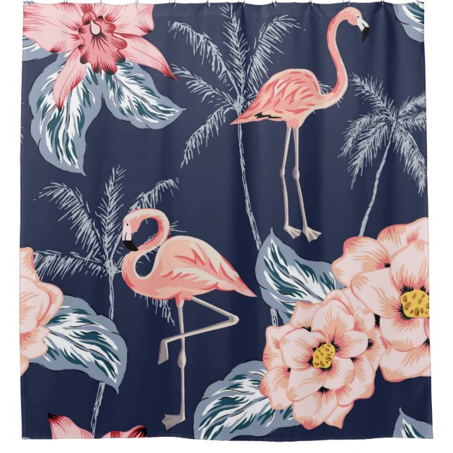 Pink flamingo, palm trees, rose, orchid flower, le shower curtain (Front)