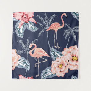 Pink flamingo, palm trees, rose, orchid flower, le tapestry