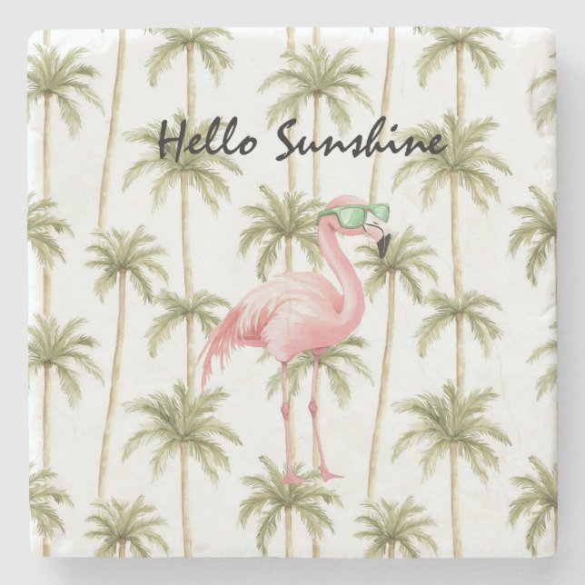 Pink Flamingo Palm Trees Stone Coaster (Front)