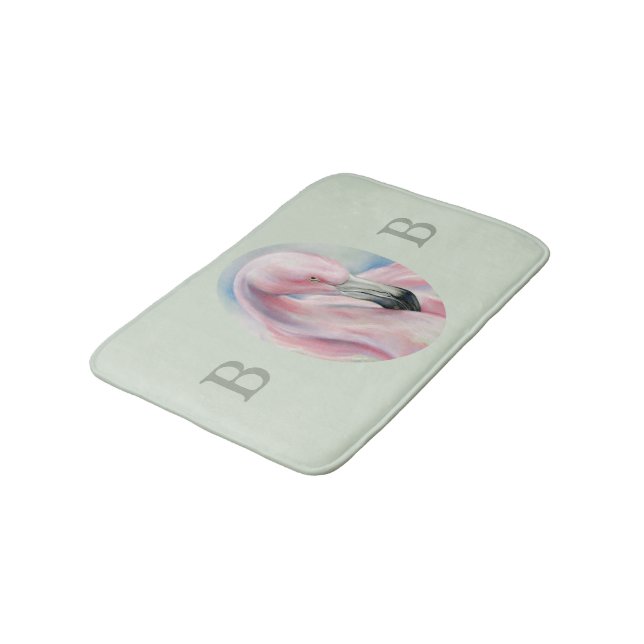Pink Flamingo Pastel Art Dual Monogram Bath Mat (Angled)