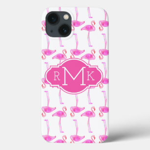 Pink Flamingo Pattern Monogram iPhone 13 Case