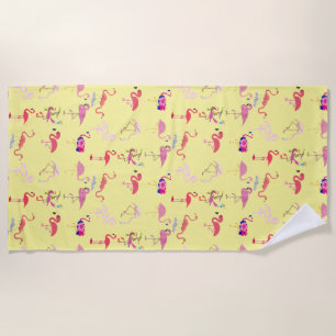 pink Flamingo pattern summer tropical yellow Beach Towel