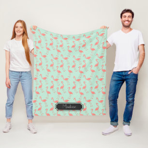 Pink Flamingo Pattern with First Name Fleece Blanket