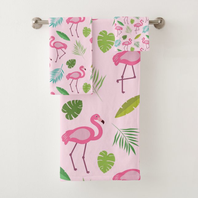 Pink Flamingo Pattern with Tropical Leaves   Bath Towel Set (Insitu)
