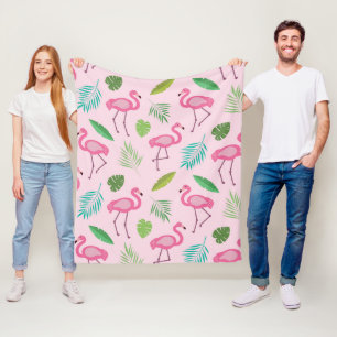 Pink Flamingo Pattern with Tropical leaves  Fleece Blanket