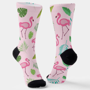 Pink Flamingo Pattern with Tropical leaves  Socks