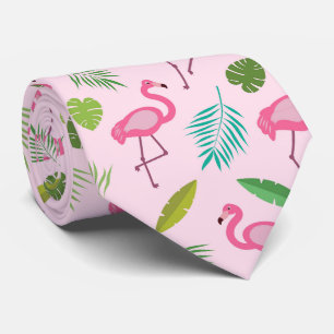 Pink Flamingo Pattern with Tropical leaves Tie