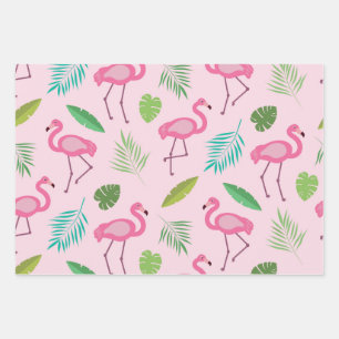 Pink flamingo pattern  with tropical leaves  wrapping paper sheet